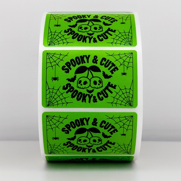100 Spooky & Cute Halloween Stickers Roll 2x1 inch – Purple Skull Cherry Labels - Picture 2 of 4